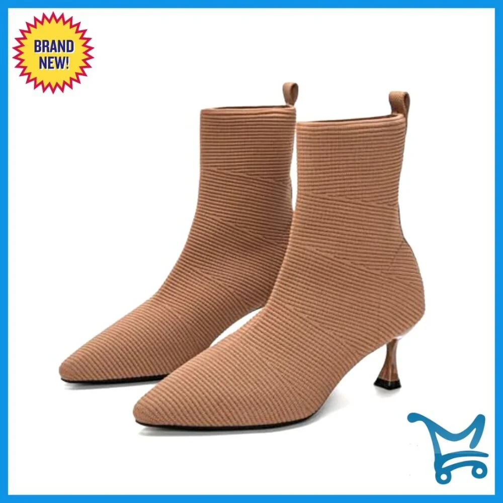 Pointed Toe Ankle Boots Low Heel Slip On Knit Fabric Comfortable